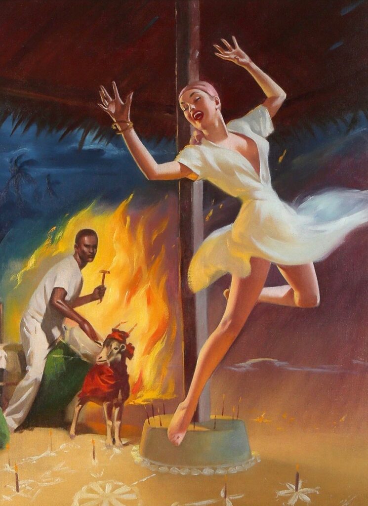 A dancing pin up girl levitates oblivious to the black magic and darkness that lurks in the background where a goat is about to get sacrificed in a voodoo ritualistic fire blazing act