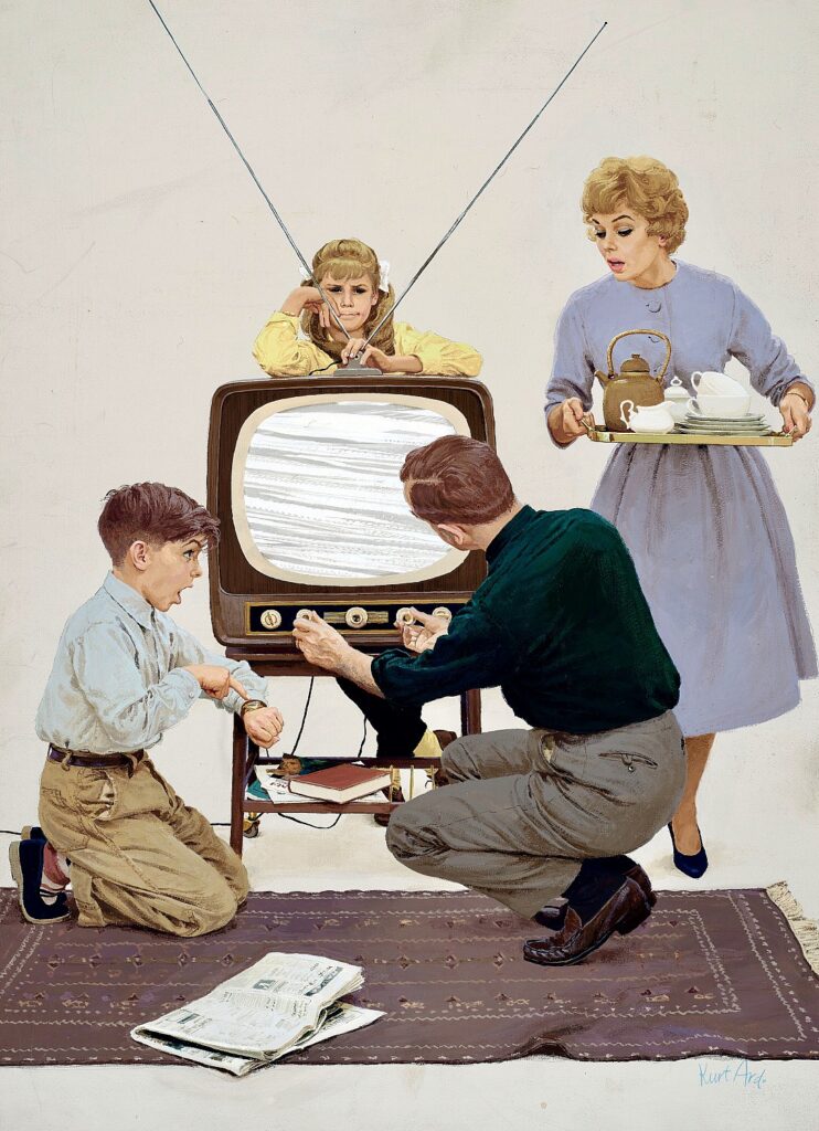 Little boy looks at watch while father tries to fix the television as mother and sister look on