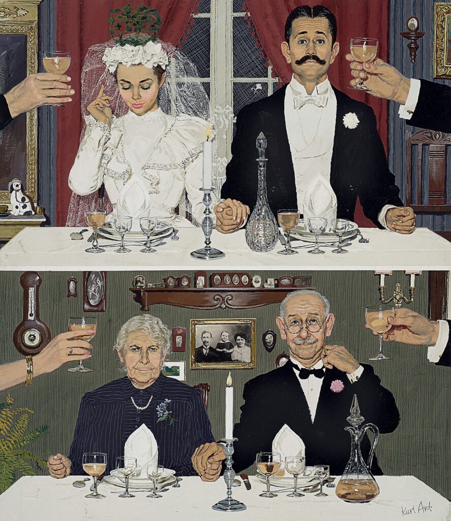 The illustration shows a young bride and groom at their wedding table above an older couple sitting down for a nice formal dinner.