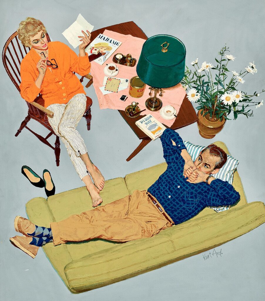 The illustration shows a woman sitting in a chair next to a man lying on a sofa. The scene of the couple's living room is shown from above