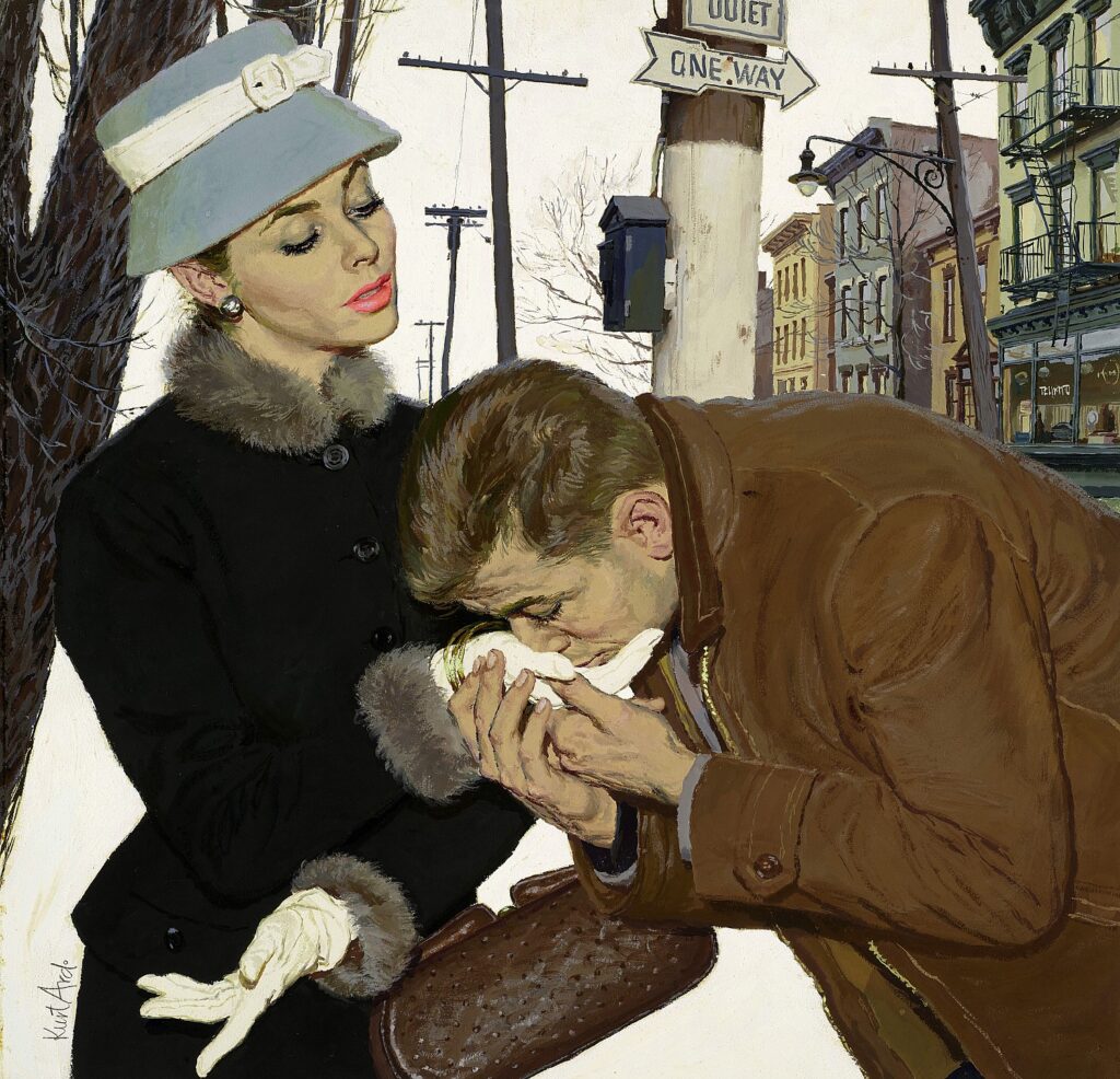 The illustration features a man kissing the loved hand of a fashionably dressed woman standing on a city street.