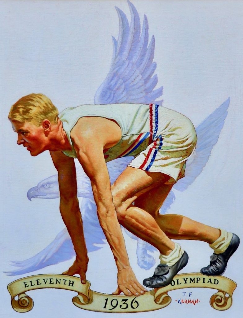 A sprinter prepares to take off running in a track and field event for the 1936 Olympics. An eagle flies behind the athlete in the background