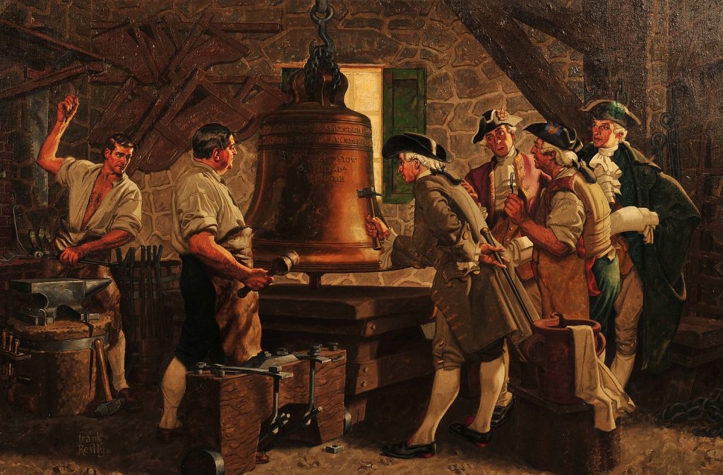 In a foundry, a man taps the Liberty Bell with a hammer as foundrymen and colonists look on.