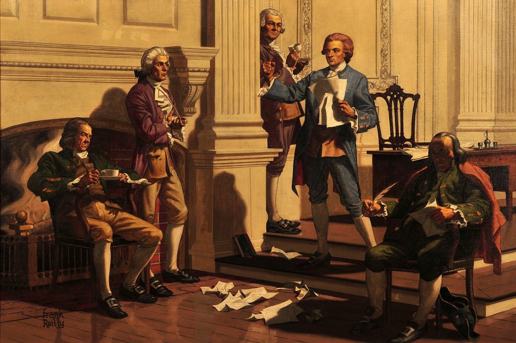 Founding fathers discuss and draft the Declaration of Independence