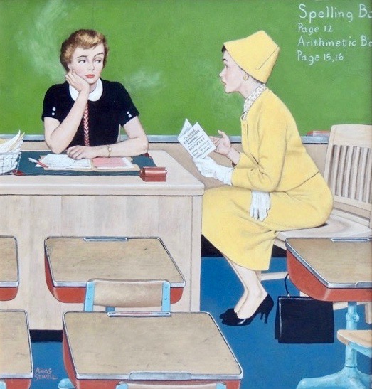 A fashionably dressed young mom holds a report card and leans forward anxiously discussing her child's grades with a disinterested teacher in a classroom in front of a chalk board