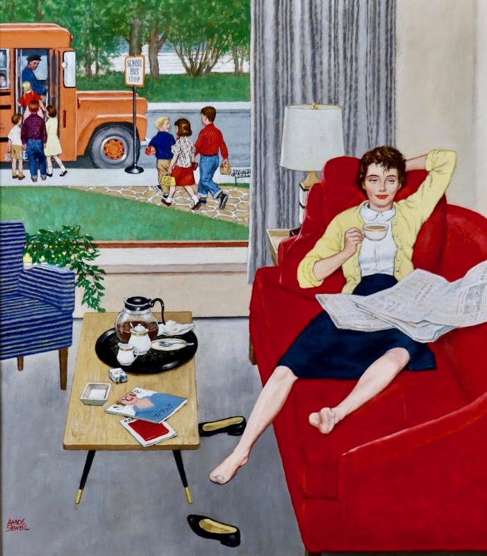 A mother relaxes on a red sofa with a newspaper and cup of coffee as we see her children entering the school bus through the window behind her